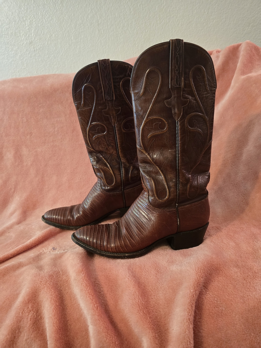 Lucchese Brown Embossed Leather Western Heeled Boots
